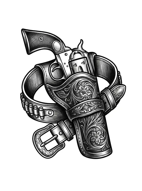 Black and grey illustrative gun and holster tattoo design