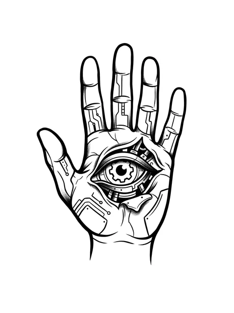 Black and white illustrative eye and hand tattoo design