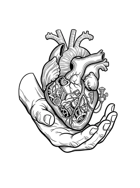 Black and grey illustrative heart and hand tattoo design: a human hand cradling an anatomical heart