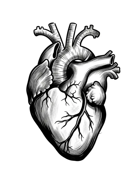 Black and grey illustrative heart tattoo design: an anatomical heart