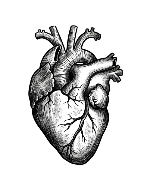 Black and grey illustrative heart tattoo design: an anatomical heart