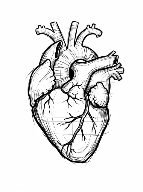 Black and white illustrative heart tattoo design: an anatomical heart
