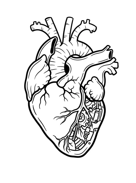 Black and white illustrative heart tattoo design: an anatomical heart