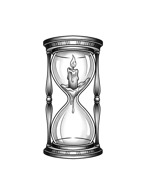 Black and grey illustrative hourglass and candle tattoo design