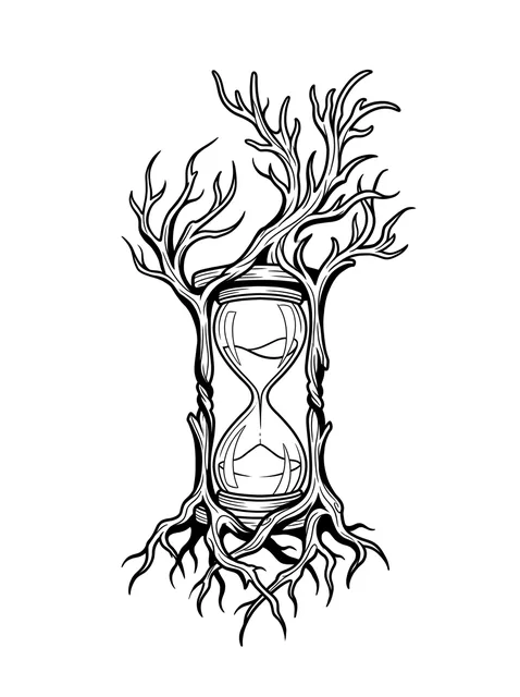 Black and grey illustrative hourglass and tree tattoo design