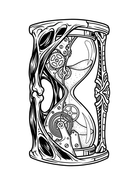 Black and grey illustrative hourglass tattoo design