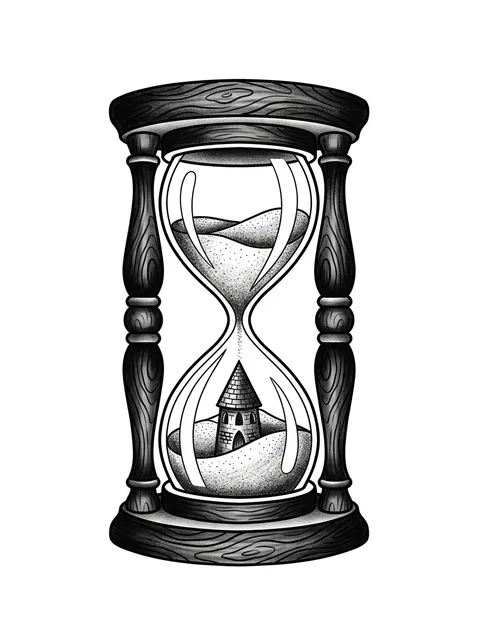 Black and grey illustrative hourglass tattoo design