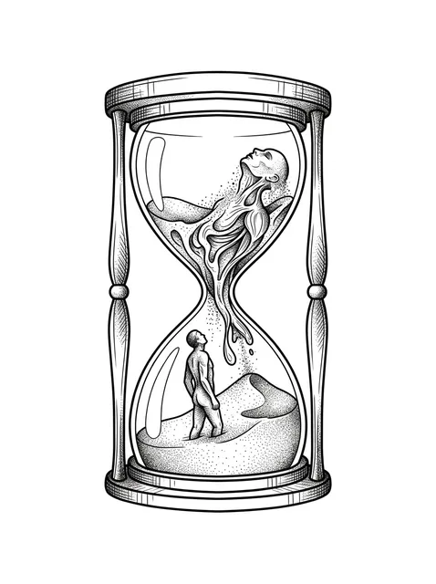Black and grey illustrative hourglass tattoo design