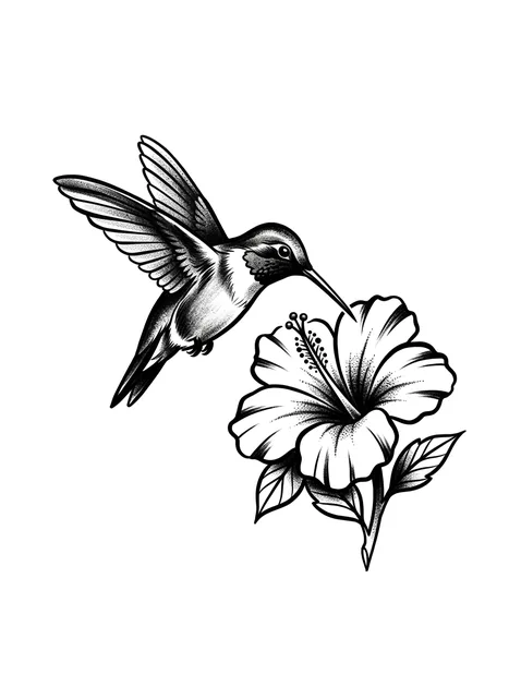 Black and white illustrative flower and hummingbird tattoo design