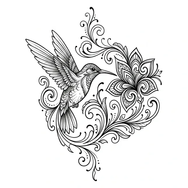 illustrative Hummingbird tattoo design, black and grey