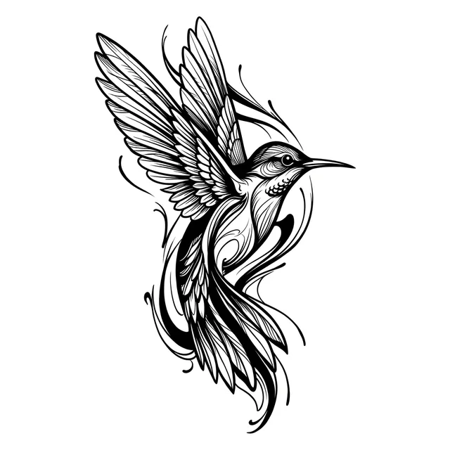 illustrative Hummingbird tattoo design, black and grey