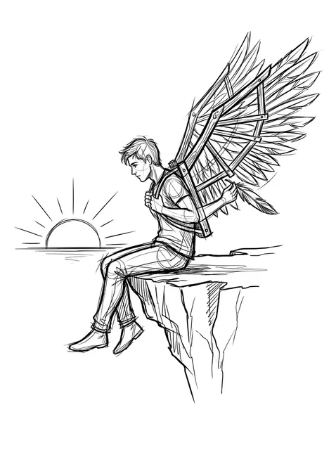 Black and grey illustrative icarus and angel wings tattoo design