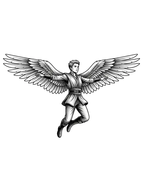 Black and grey illustrative icarus and angel wings tattoo design