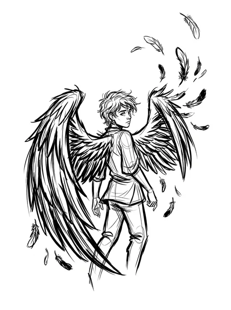 Black and grey illustrative icarus and angel wings tattoo design