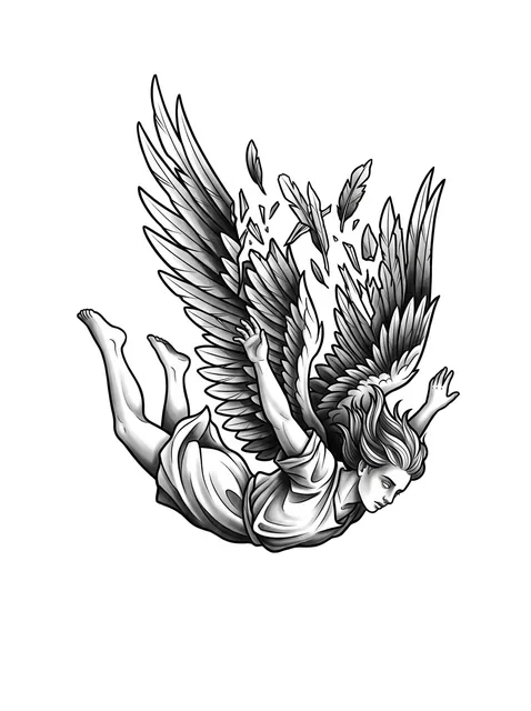 Black and grey illustrative icarus and angel wings tattoo design: a falling angel with broken wings