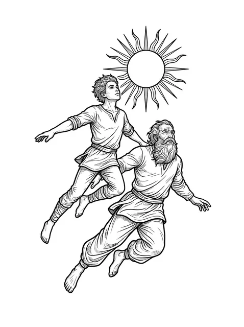 Black and white illustrative icarus and sun tattoo design
