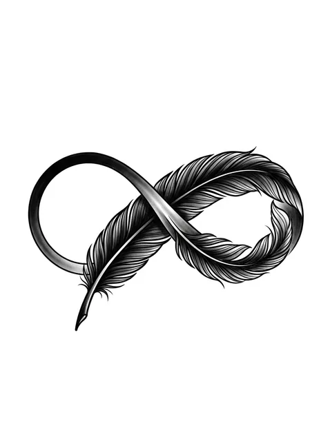 Black and grey illustrative infinity and feather tattoo design