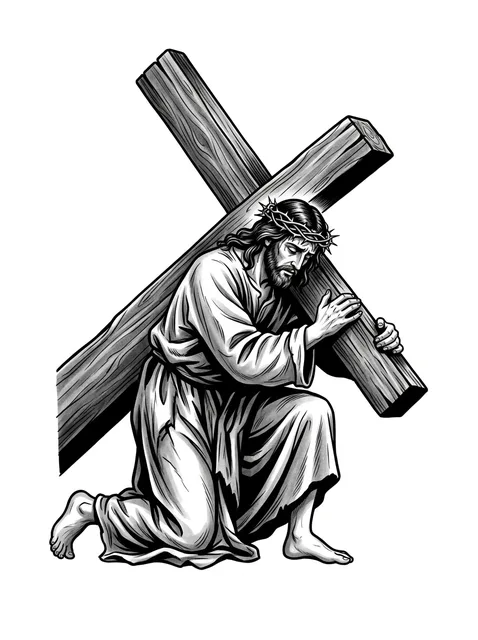 Black and grey illustrative jesus and cross tattoo design: a look of solemn determination
