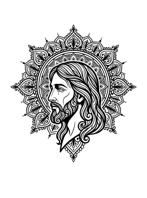 Black and grey illustrative jesus and mandala tattoo design