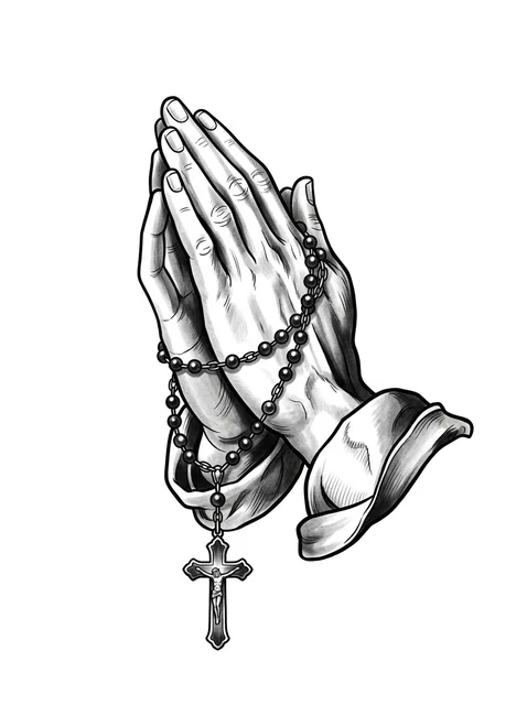 Black and grey illustrative jesus and praying hands tattoo design