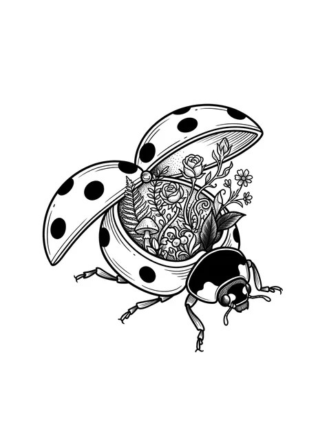 Black and grey illustrative ladybug tattoo design
