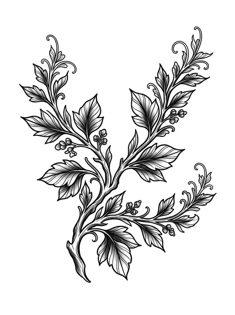 Black and grey illustrative leaf and vine tattoo design