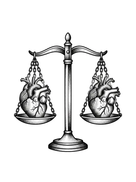 Black and grey illustrative libra and heart tattoo design