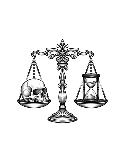 Black and grey illustrative libra and skull tattoo design