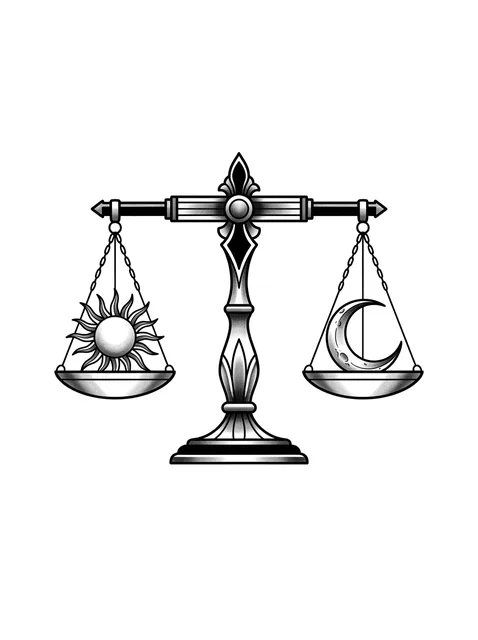 Black and grey illustrative libra and sun tattoo design