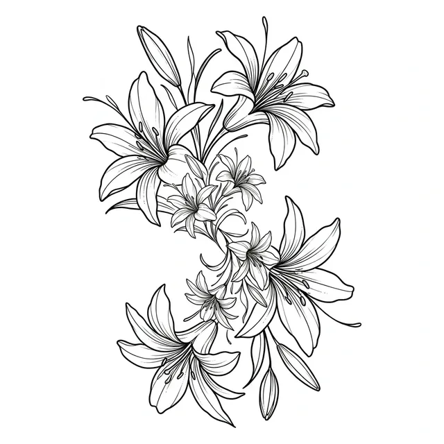 Black and grey illustrative lily and flower tattoo design
