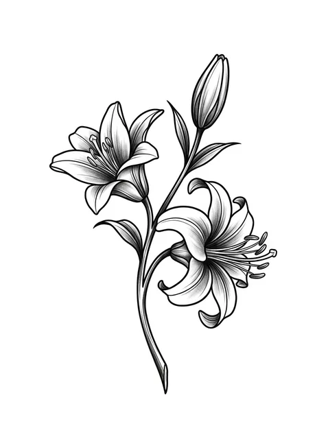 Black and grey illustrative lily and flower tattoo design