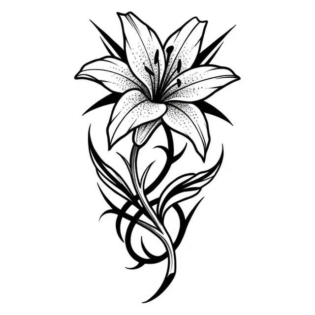 Black and white illustrative lily and vine tattoo design