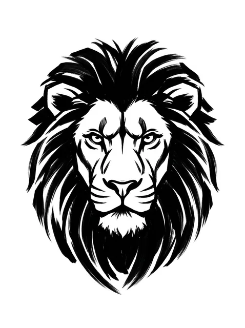 Black and white illustrative lion tattoo design: a lion's head, facing forward with an intense gaze