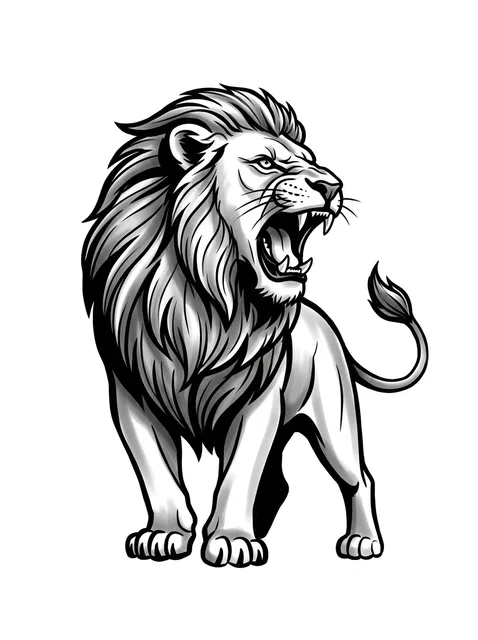 Black and grey illustrative lion tattoo design