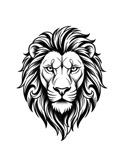 Black and grey illustrative lion tattoo design: a majestic lion's head