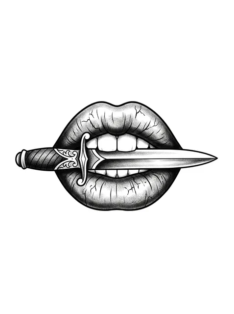 Tattoo-Vorlage mit Lippen und einem Dolch, Stil: illustrativ, in Schwarz-Grau
