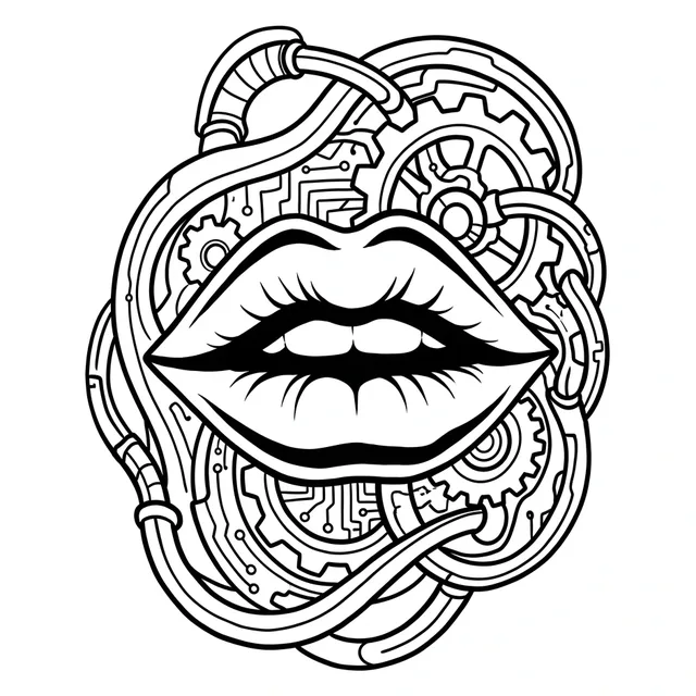 illustrative lips tattoo design, black and grey
