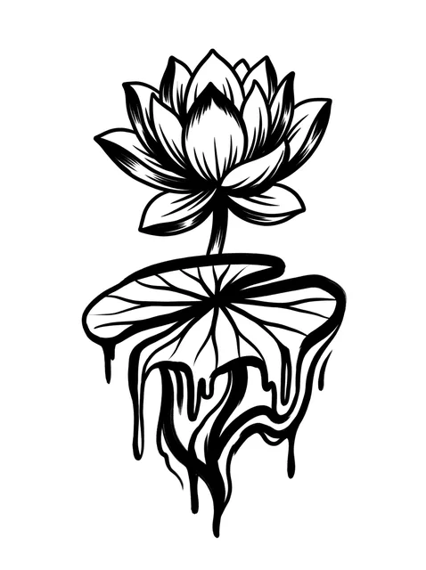 Black and grey illustrative lotus and leaf tattoo design: a blooming lotus flower atop a lily pad