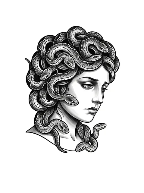 Black and grey illustrative medusa and snake tattoo design: a serene yet melancholic expression