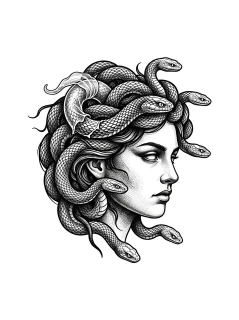 Black and grey illustrative medusa and snake tattoo design
