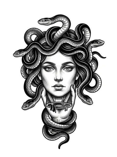 Black and grey illustrative medusa and snake tattoo design: a woman's face