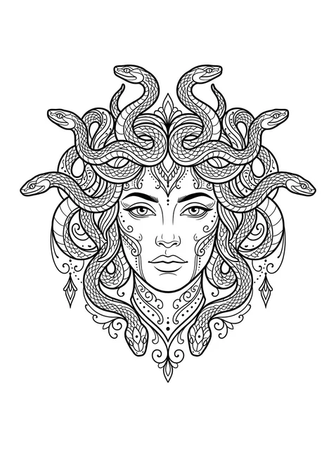 Black and grey illustrative medusa and snake tattoo design