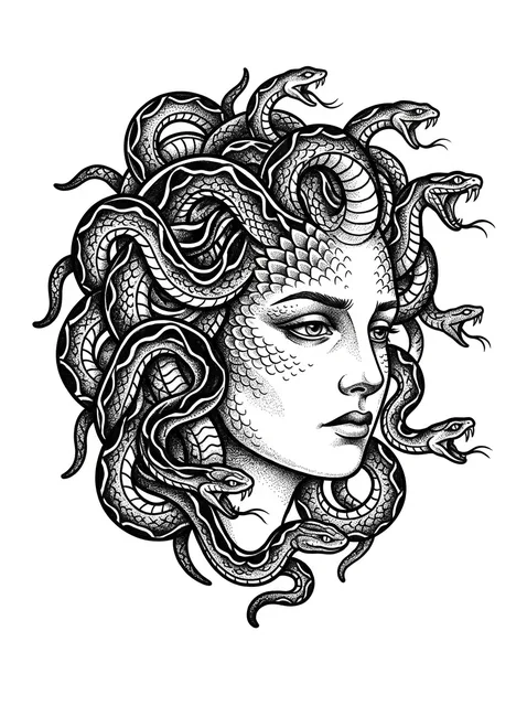 Black and white illustrative medusa and snake tattoo design