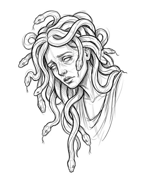 Black and grey illustrative medusa and snake tattoo design