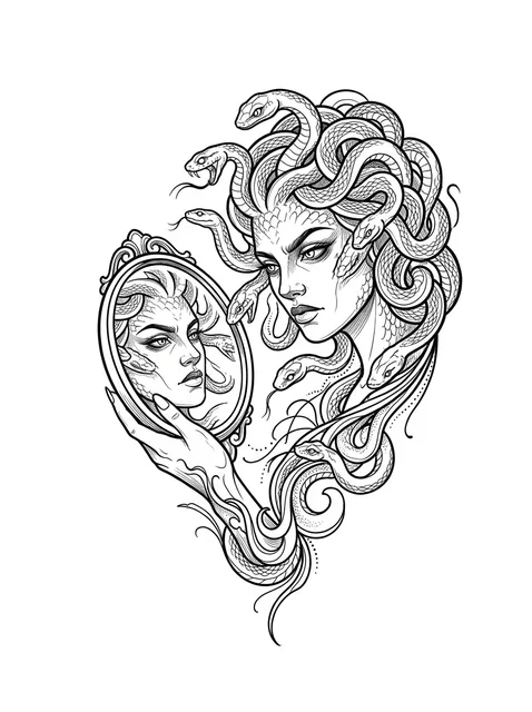 Black and grey illustrative medusa and snake tattoo design