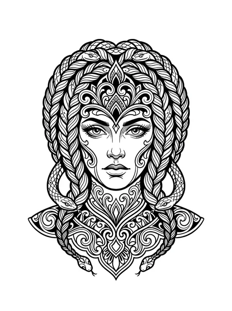 Black and grey illustrative medusa and snake tattoo design: a woman's face