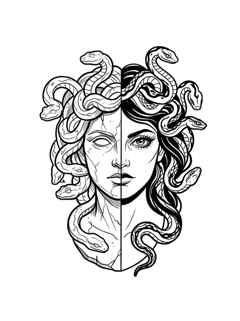 Black and white illustrative medusa and snake tattoo design: a split Medusa head