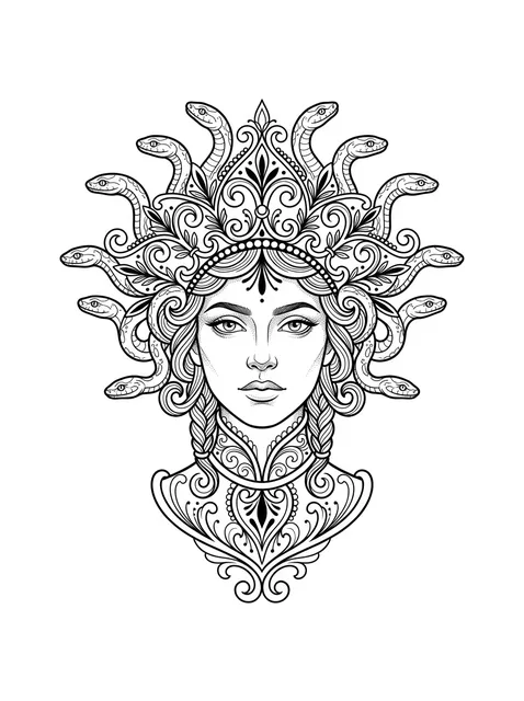 Black and grey illustrative medusa and snake tattoo design