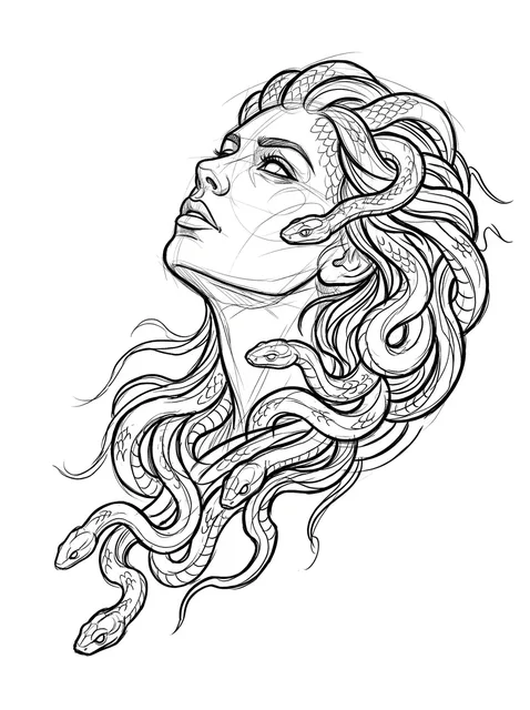 Black and grey illustrative medusa and woman portrait tattoo design