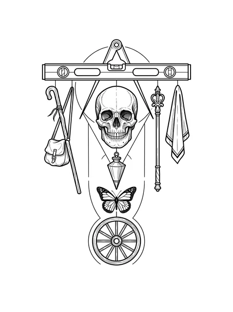 Black and grey illustrative memento mori and skull tattoo design